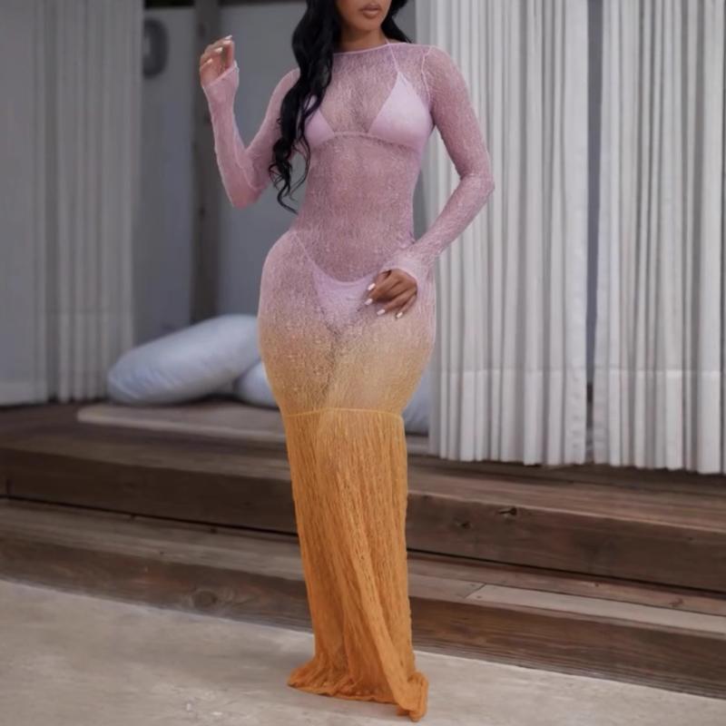 レディース ワンピース ドレス 透け感 セクシー 夏 ビーチ リゾート ロングドレス ロング丈 ワンピース ワンショルダー 背中開き 長袖 ニット トップス 切り替え デザイン 純色 カラフル ポリエステル 素材 軽量 吸湿速乾 ゆったり シルエット ワ