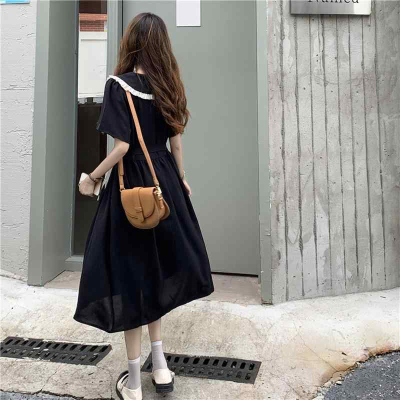 ワンピース 女性用 春夏 韓国風 かわいい 学院風 長丈 フレアスカート Aライン 丸首 泡袖 短袖 高腰 収腰 ウエストベルト 系? 黒 フラワー柄 花柄 プリント 蝶結び リボン レース 装飾 ポリエステル ?? 軽量 通気性 吸湿速乾 フレッシュ