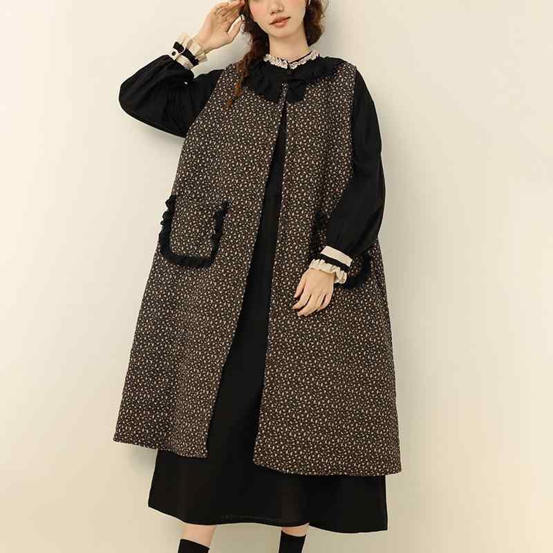 レディース ロングワンピース 秋冬 復古風 コットン麻 ワイドシルエット ラウンドネック ポケット付き ブラック コーヒーブラウン ゆったり レイヤード 快適カジュアル トップス インナーベスト 開襟 シングルボタン ライトウェイト 吸湿速乾 日常使い
