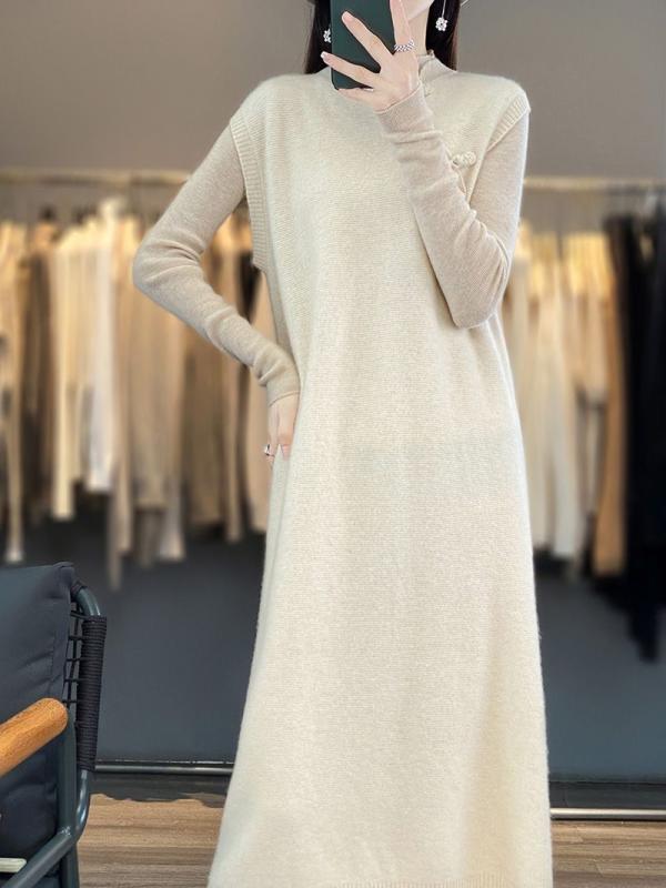 ニット マ甲 女性用 秋冬 羊毛 無袖 ロング 膝下丈 スタンドカラー ボタン 純色 ゆったり ワイドシルエット 通勤 気質 セットイン 暖か コットン混 ブラウン系 ベージュ系 赤系 長袖なし トップス インナー レイヤード コージー ソフトタッチ 軽