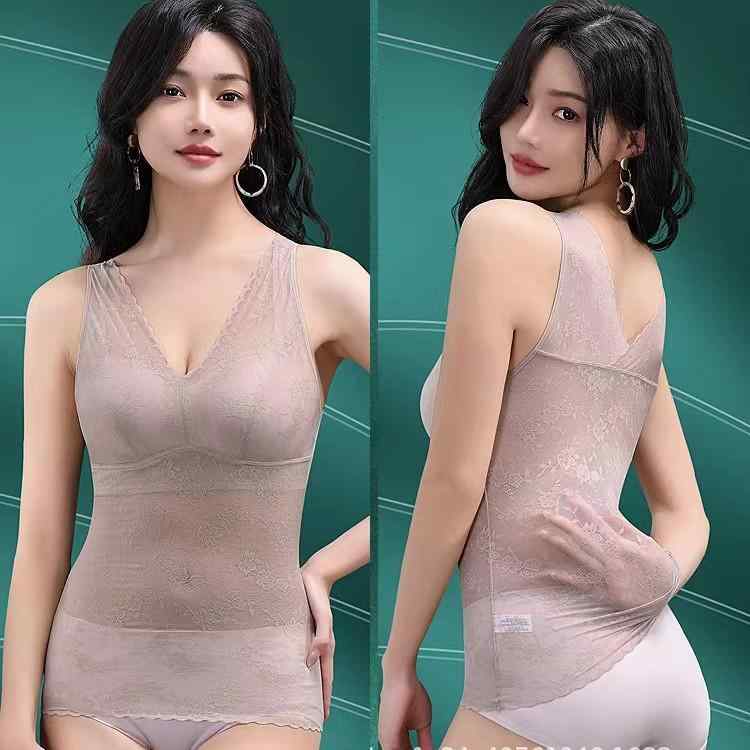ブラ 固定カップ ロング丈 レース タンクトップ 超薄 透気 ノンワイヤー 外穿 セクシー ディープV 美しい背中 調整型 集める ウエストシェイプ ニット ブラック ベージュ ブラウン カラー 春夏 秋 軽量 伸縮性 吸湿速乾 通勤用 普段使い 部屋着