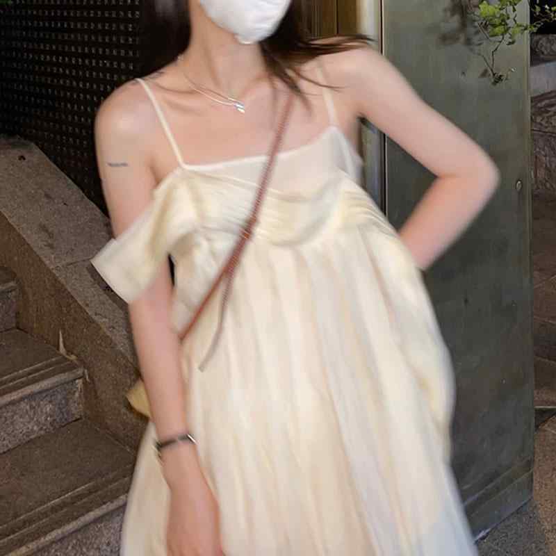ワンピース レディース 吊り紐 Aライン 中長丈 一枚肩 無袖 高腰 フレア かわいい 気品 クリーム色 コットン混 軽量 通勤 デート 普段使い 春夏 秋 ビーチ リゾート 女性用 ソフト素材 伸縮性 シンプル フェミニン