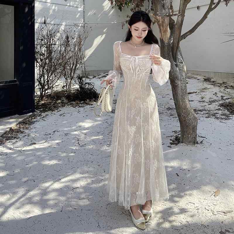 ワンピース レディース 夏 ロングドレス セクシー 修身 気品 フィット ワンピース 純欲 胸元強調 レース Aライン ワンピース 透け感 花柄 プリント ボートネック フレア袖 ロングスリーブ ハイウエスト 包み込み ヒップライン 軽量 伸縮性 吸湿速