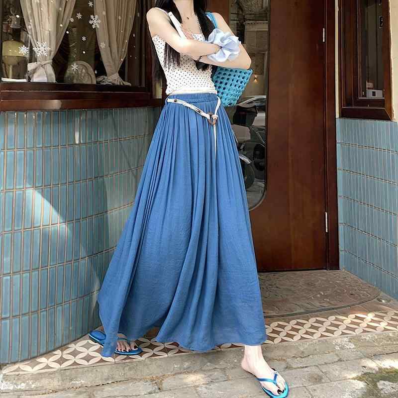 ミディスカート 女性用 コットンリネン ボヘミアン ワイドシルエット プリーツ フレア ミディ丈 ロングスカート ウエスト紐 春夏 ライトカラー 接触冷感 軽量 伸縮性 普段使い 通勤 通学 アウトドア かわいい ハイウエスト