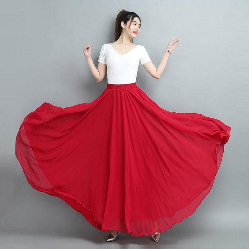 スカート 女性用 春夏 ミッドウエスト スリム 膝丈 ロング丈 シフォン フレア プリーツ スカート ビッグシルエット ビーチ スカート 赤 白色 ブラック 緑 オレンジ ピンク ワインレッド ペacock ブルー 湖ブルー パープル オリーブグリーン