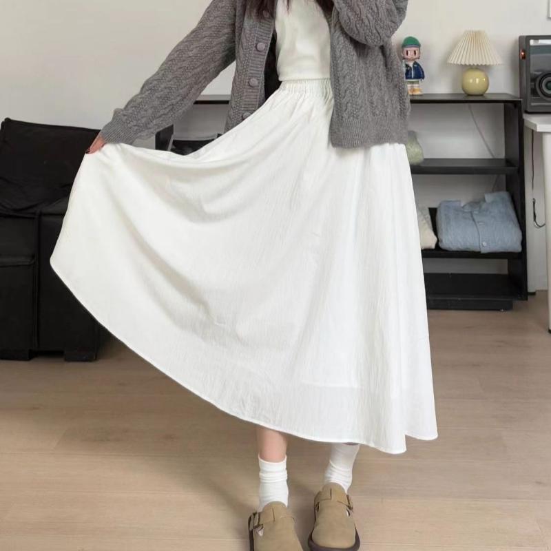 スカート レディース 春夏 白 接触冷感 半身スカート 薄手 中長丈 Aライン プリーツスカート ポリエステル 微弾性 ポケット付き 2層内側ライナー 免燻加工 シンプル 気質 エレガント 日韓カジュアル