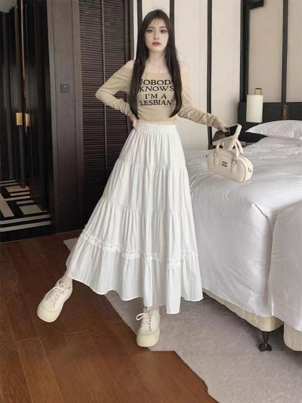 半身スカート 女性用 春夏 白 黒 Aライン 中長丈 かわいい 百褶 プリーツ スカート 蓬蓬スカート ケーキスカート 甘め 清新 ラッフル 波浪 レース 切り替え 綿混 ポリエステル スパンデックス 微弾力 軽量 通勤 普段使い フェミニン スタイル