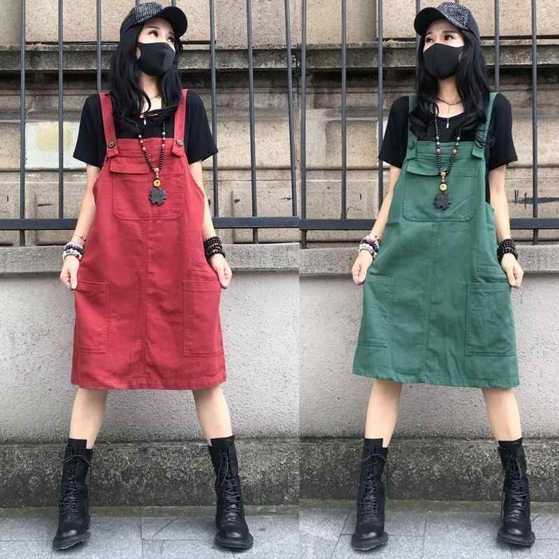 ワンピース 女性用 デニム 背広スカート 夏 ロング丈 ノースリーブ シンプル 薄手 軽量 コットン 素材 赤 緑 ポケット 付き ストリート スタイル 復古 風 切り替え デザイン 普段使い カジュアル ファッション 吸湿速乾 伸縮性