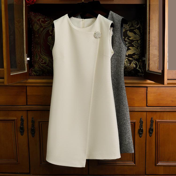 ワンピース レディース 秋冬 背心 スカート 綿 混紡 切り替え デザイン 無袖 ノーカラー ハイウエスト Aライン 中長丈 気質 通勤 スタイル 修身 シルエット グレー アイボリー かわいい 花柄 珍珠 アクセサリー 軽量 伸縮性 普段使い オフィス