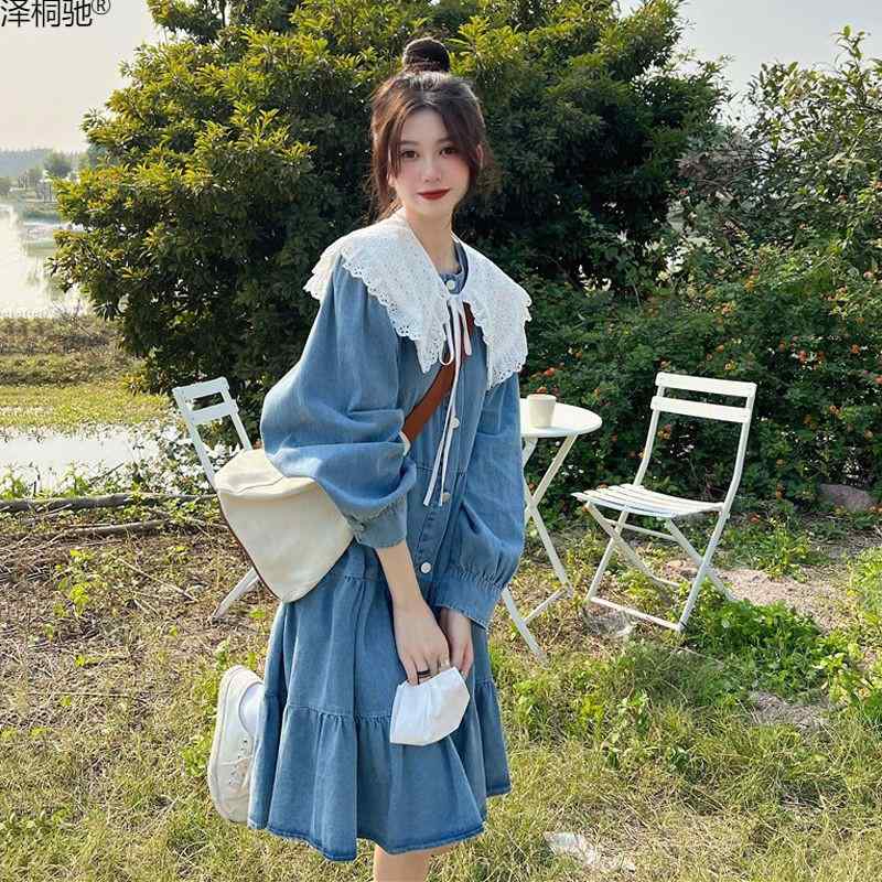 ワンピース 女性用 秋冬 ミドル丈 デニム 綿素材 背? ストラップ 長袖 松?腰 収腰 スリムライン ボタン ディテール 切り替え デザイン 街頭スタイル ブルー ホワイト ゆったり 大きめサイズ