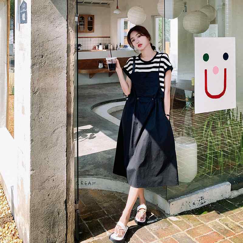 ワンピース 女性用 夏 春夏 ストライプ 切り替え Aライン ミディ丈 ハイウエスト ラウンドネック 短袖 ゆったり フレンチカジュアル 気質 通勤 普段使い ポリエステル 接触冷感 吸湿速乾 軽量 伸縮性 セットアップ風 純色 百搭