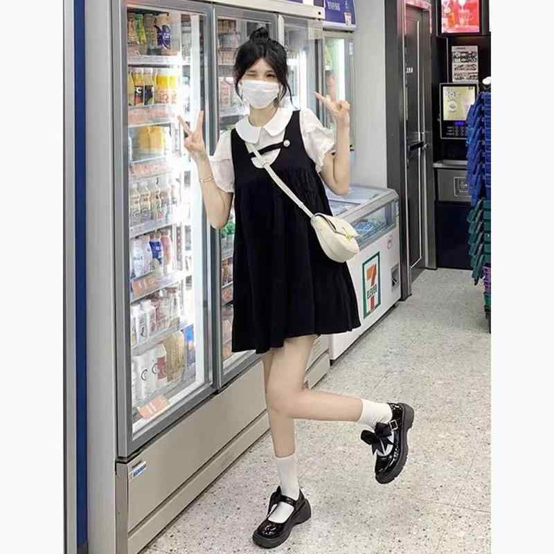 ワンピース レディース 黒 夏 接触冷感 ?? 短袖 短丈 Aライン ハイウエスト 直筒 セットアップ風 偽二枚重ね 切り替え デザイン かわいい 甘め 爽やか 学院風 背広 ストラップ ドレス セット 袖 タイプ 首元 ぽっちり 袖 腰 位置 流行 要