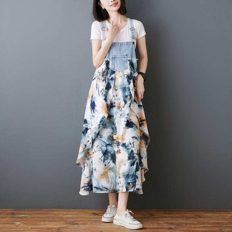 ワンピース レディース 春夏 荷葉エッジ フレアスカート ロング丈 ノースリーブ 無領 セットイン ルーズフィット プリント柄 雪紡 ポリエステル混 接触冷感 軽量 通気性 良い かわいい デイジーパターン 白蘭色 ピンク系 アイボリー 街頭風 日韓カジ(x3)