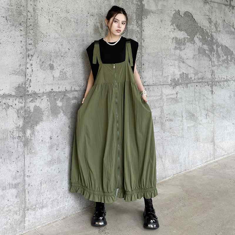 ワンピース 女性用 背? 連衣裙 日系 レトロ 工装 デザイン 夏 長め ロングスカート 無袖 無領 切り替え ジップ ポリエステル 軍緑 ブラック ゆったり スリム シルエット ストリート カジュアル 普段使い 軽量 吸湿速乾