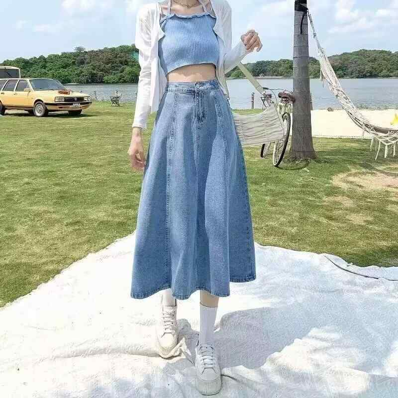 スカート 女性用 秋 ミディ丈 デニム プリーツ 高腰 スリム コットン マイクロストレッチ Aライン フレア ポケット ディープブルー ライトブルー 日韓カジュアル 快適 普段使い
