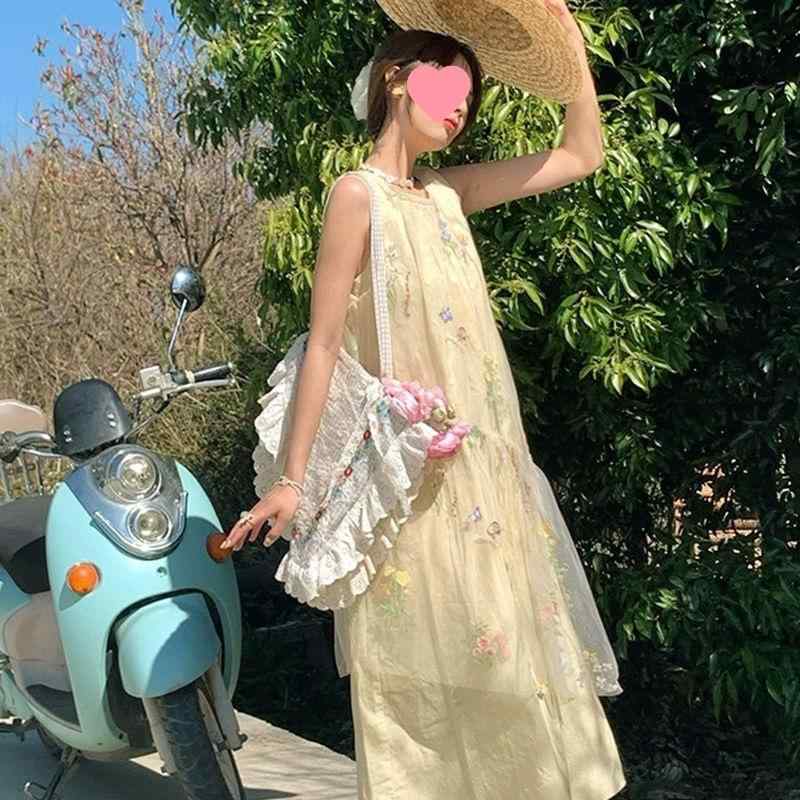 ワンピース レディース 夏 無袖 刺繍 網? レイヤード 短め Aライン スカート トップス 涼しい 軽量 ポリエステル 白色 黄色 ゆったり シルエット かわいい 花柄 刺繍 デザイン 春夏 フェミニン スタイル 復古 風
