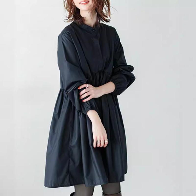 長袖 ワンピース ドレス シャツ スカート トップス レディース ゆったり ルーズ フィット Aライン 中長丈 立襟 スタンドカラー 長袖 ゆったり ウエスト ワイド シルエット 単排ボタン 単色 無地 デザイン 切り替え ステッチ 加工 コットン ポリ