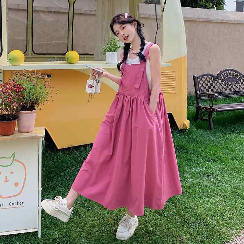 ワンピース レディース 夏 かわいい 樹莓紅 背帶スカート A字型 ハイウエスト 無袖 圓領 氣質 通勤 セットアップ 學院風 甜美 軽量 聚? 再生繊維 吸湿速乾 ビッグシルエット ピンク系 ドーパミンカラ