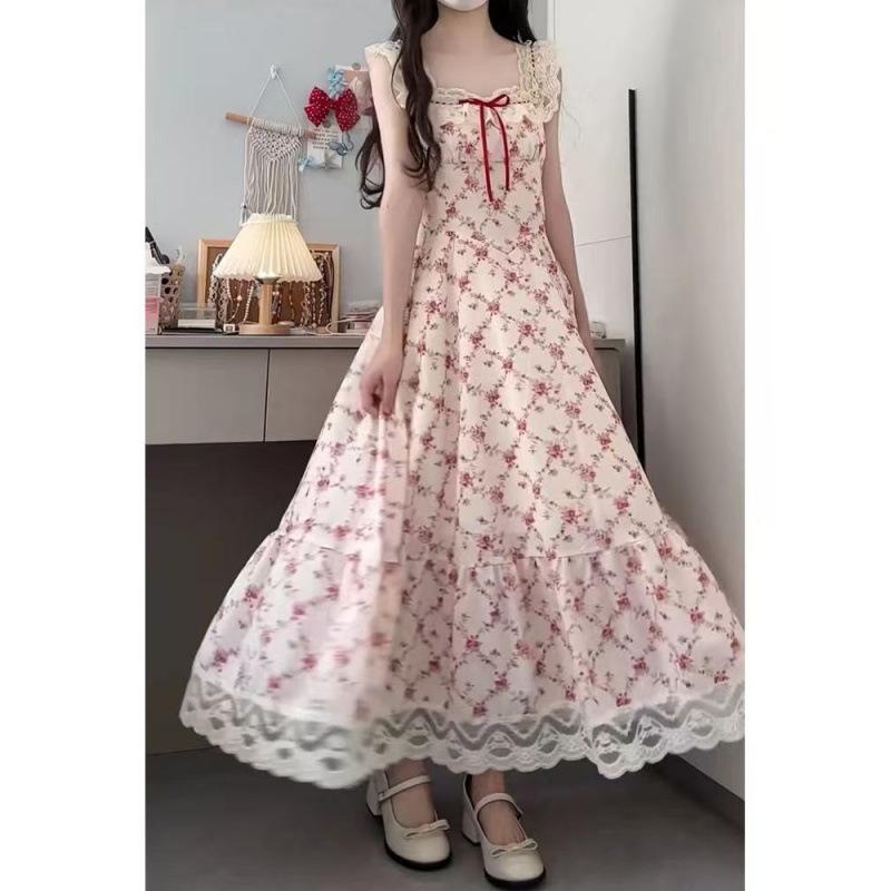 ワンピース レディース 長袖 フラワープリント レース 花辺 蝶結び 背帯 スカート ロング丈 ハイネック フレアスリーブ 麻素材 軽量 通気性 花柄 カラーパターン ストリートスタイル カジュアル 日常使い 伸縮性