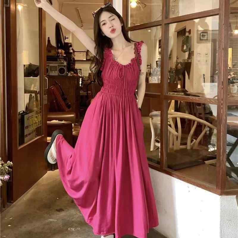 ワンピース レディース 春夏 吊り紐 無袖 ローズピンク Aライン 中長丈 ポリエステル 接触冷感 シワ加工 セットオン ミッドウエスト ポロカラー ビーチ リゾート 気質 復古 中国風 かわいい 軽量 通気性 日常使い 女性用 トップス ドレス