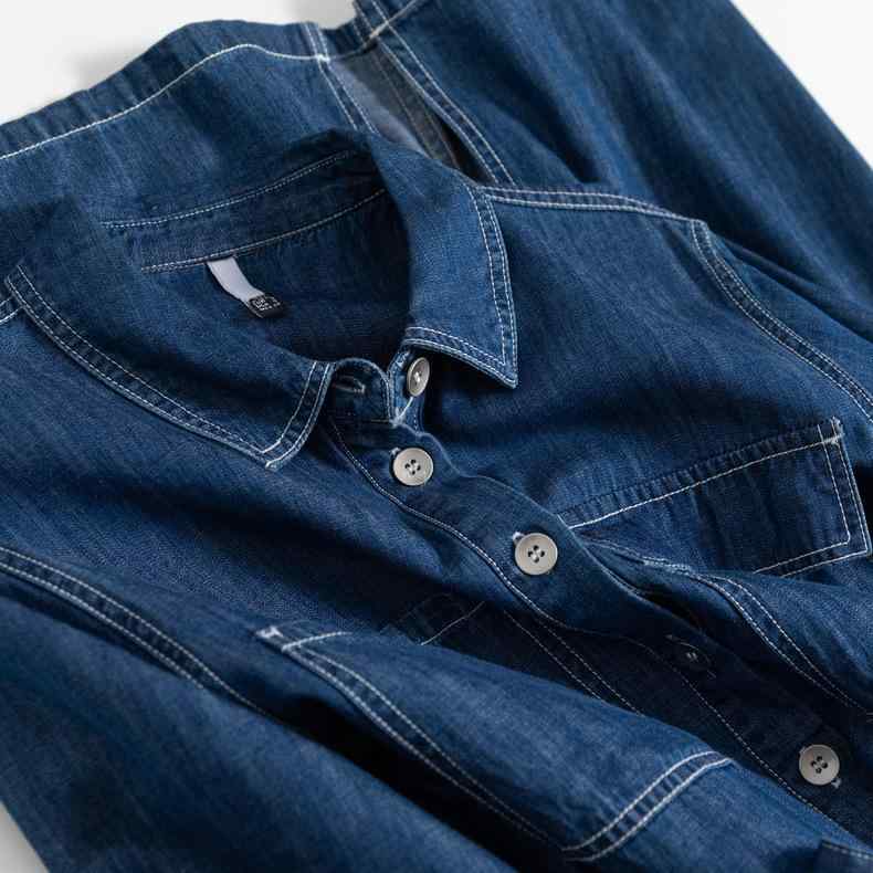 ワンピース レディース 春夏 通勤用 コットン 中長丈 収腰 ハイウエスト 5分袖 シャツワンピース 翻領 Vネック デニム 深青 ビッグシルエット 切り替え 爽やか 軽量 吸湿速乾 伸縮性 普段使い カジュアル トップス 膝丈 膝下 気質 女性用 デニ