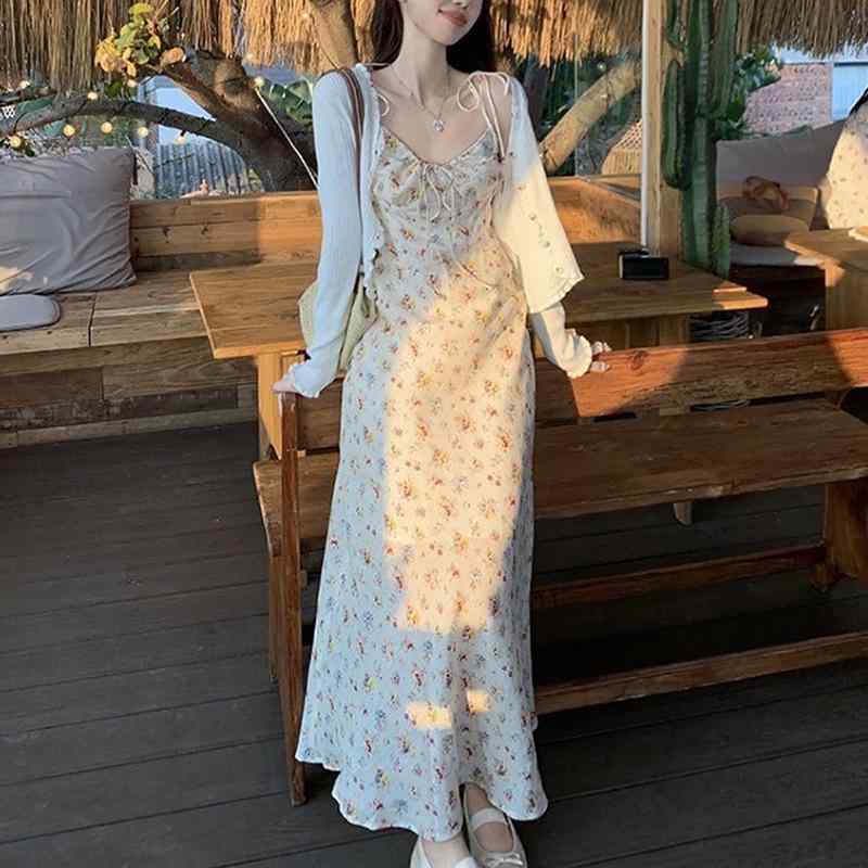 ワンピース 女性用 夏 吊り紐 Vネック ハイウエスト フレンチスタイル ドローストリング ウエスト切り替え 初恋風 花柄 ロングスカート 通勤 気質 快適 軽量 吸湿速乾 ポリエステル 混紡 ストレッチ 素材 セットオン ワンピース トップス ドレス