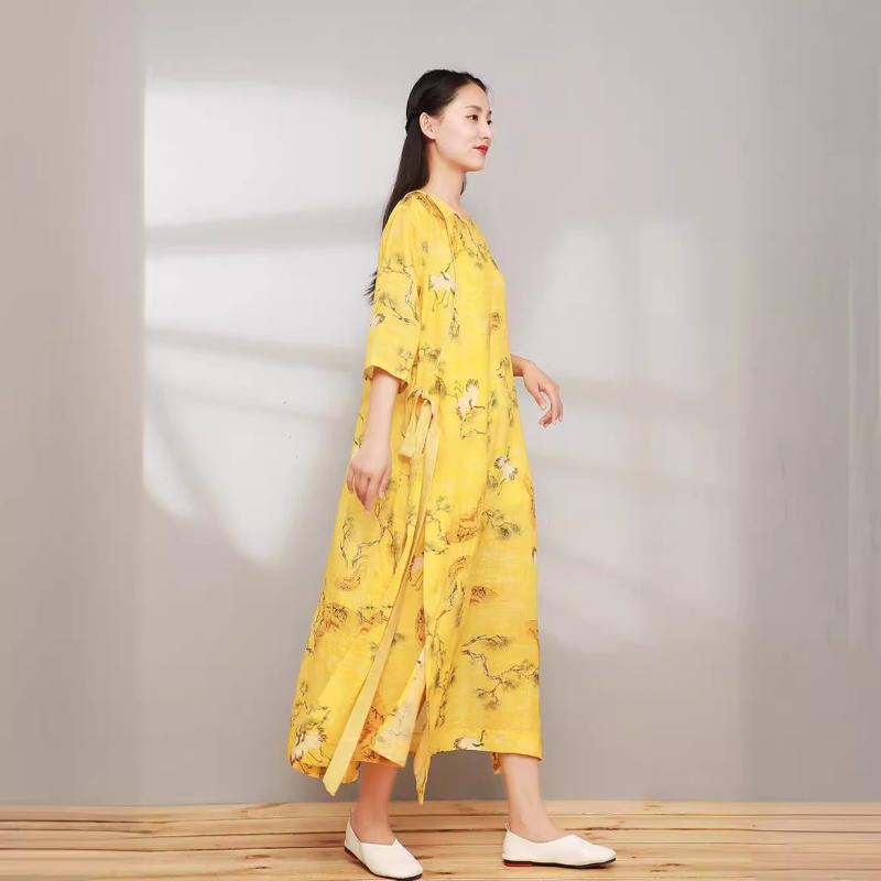 ワンピース 女性用 ?麻 デジタルプリント 復古 ロング ウエストベルト Aライン ロングスカート ラウンドネック 5分袖 系ベルト 夏 通勤スタイル 気質 黄色 仙鶴柄 青 花柄 95%?麻素材 軽やか 吸湿速乾 基本款｜フォークBR
