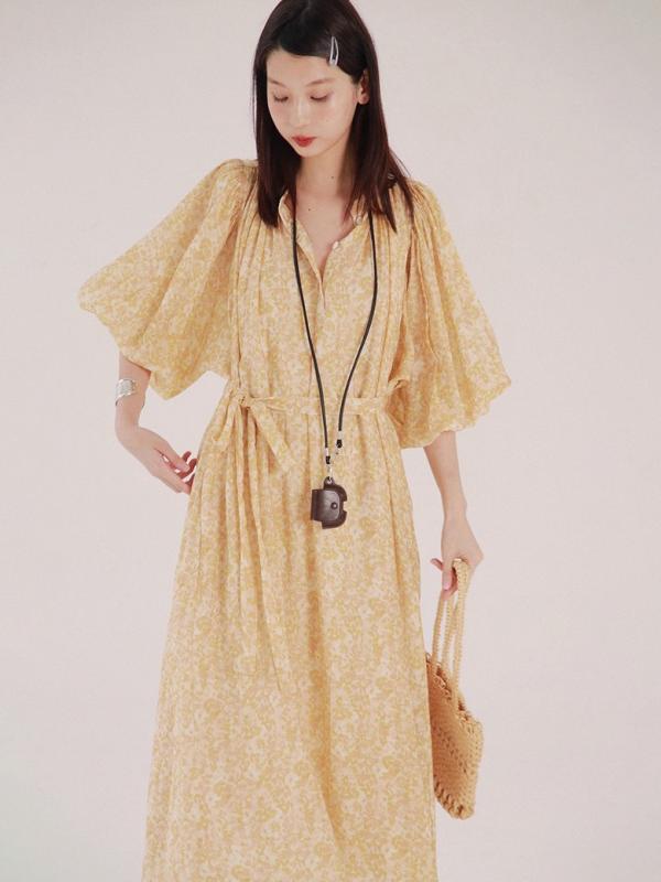 ワンピース レディース 夏 春夏 フレンチスタイル ゆったり Aライン ロングスカート Vネック 花苞袖 短袖 接触冷感 レイセル繊維 フラワープリント オレンジ かわいい 花柄 印花 気質 通勤風 セットアップ 単品 ゆったり腰 度假風 軽量 吸湿速乾