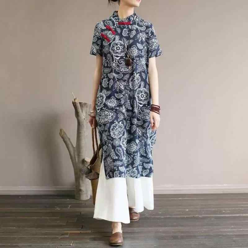 ワンピース レディース 春夏 綿麻 フラワー柄 Aライン 中長丈 短袖 ラウンドネック ゆったりワイド 切り替え 盤ボタン ポケット付き ストリート ボヘミアン 禅風 復古 軽量 通気性 日常使い カジュアル