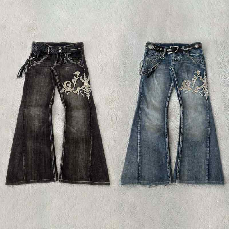 ジーンズ メンズ レディース ミドルウエスト 大型フレア ロングパンツ 復古 スタイル 切り替え 刺繍 デニム 素材 全綿 95%以上 ミディアム厚 微弾力 ダークトーン ストリートファッション ユース向け ボディシェイプ対応 芸術的 ヴィンテージ 風