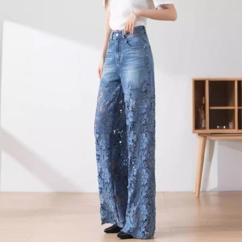 パンツ 女性用 春夏 秋冬 ハイウエスト ワイドレッグ ストレート デニム 綿素材 切り替え レース 透け感 垂れ感 軽量 伸縮性 吸湿速乾 接触冷感 ブルー カジュアル 通勤 普段使い かわいい 気質 百搭 清新 甘め プリンセススタイル