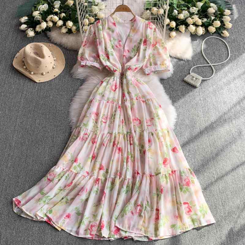 ワンピース 女性用 春夏 フレンチビンテージ フラワー柄 Vネック ワンピース 女性 夏用 伸縮性 ウエスト スリム フレアスカート ミディ丈 ロマンチック ピンク系 紫色 イエロー ブルー 通勤風 気質 セットインスリーブ ショートスリーブ ハイウエス