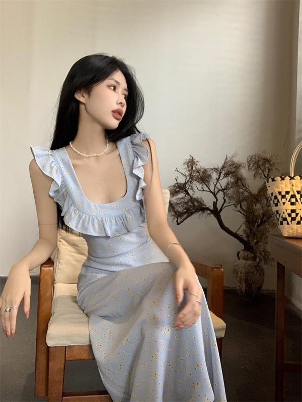 ワンピース 女性用 夏 小飛袖 ブルー フラワープリント Aライン ミディアムウエスト 短袖 涼しい ポリエステル 甘い 清新 ビーチ リゾート ロングスカート 軽量 吸湿速乾 休暇 普段使い