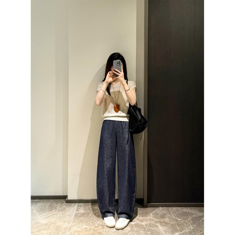 レディース ワイドパンツ ハイウエスト 直筒 ?腿 香蕉パンツ 麻 綿 混紡 中厚 微弾性 ポケット 付き 切り替え デザイン 日韓 カジュアル スタイル 牛仔色 ホワイト 長丈 ゆったり シルエット 春 向け 軽やか 素材 普段使い 通勤｜フォークBR