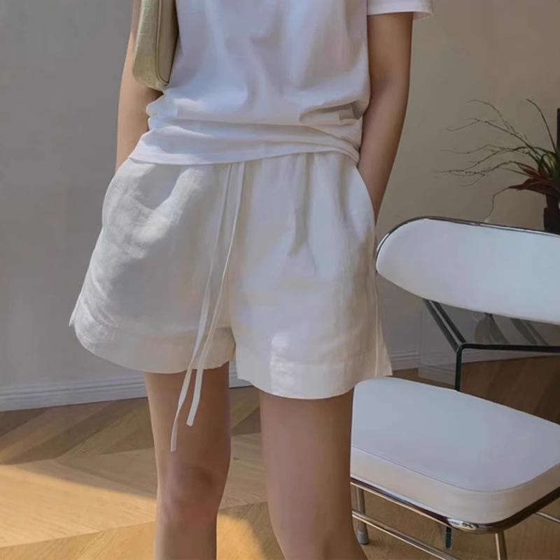 レディース 夏用 ショートパンツ 白色 綿麻 接触冷感 薄手 軽量 伸縮性 高腰 ゆったりシルエット 直筒型 Aライン 五分丈 ワイドレッグ マイクロストレッチ 吸湿速乾 日常使い カジュアル デイリースタイル