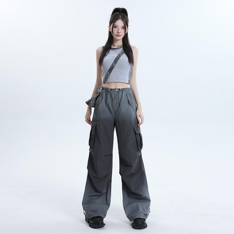 レディース 工装パンツ 高腰 抽? 紫色 灰色 夏 接触冷感 ナイロン 薄手 微弾力 切り替え ポケット ロング丈 タイダイ柄 韓国風 シンプル ゆったり ワイドレッグ ロングパンツ 普段使い カジュアル 軽量 吸湿速乾 日韓スタイル 女性用 夏物 紫系