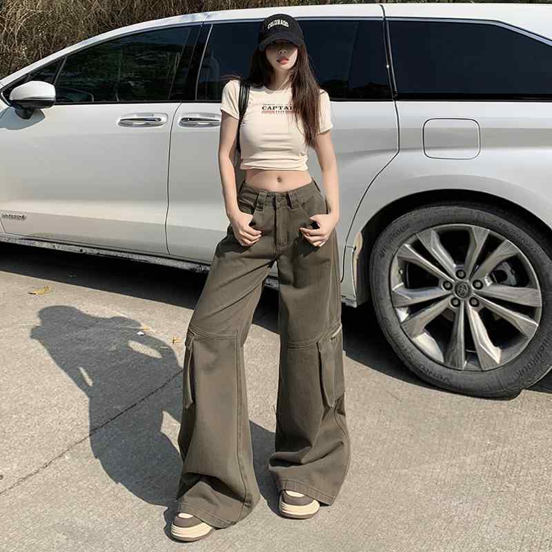 デニムパンツ 女性用 低腰 ワイドレッグ ストレート ゆったり スリム効果 垂れ感 コットン ミッドウェイト 春季 ミルクコーヒー グリーン 長丈 私服 ミディアムシルエット