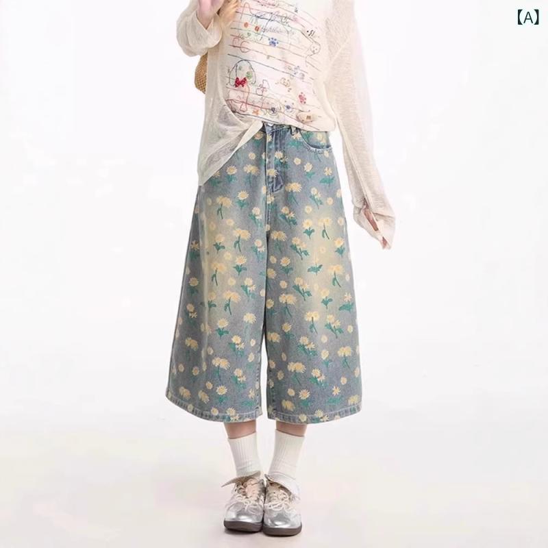 レディース デニムパンツ 七分丈 ワイドレッグ 綿混紡 ポリエステル混紡 ミッドライズ ワークウェア風 プリント柄 水洗ブルー 菊花パターン ルーズフィット 街頭スタイル 情?装 クロップドパンツ カジュアルパンツ デイリーウェア 夏用 軽量 通勤通学