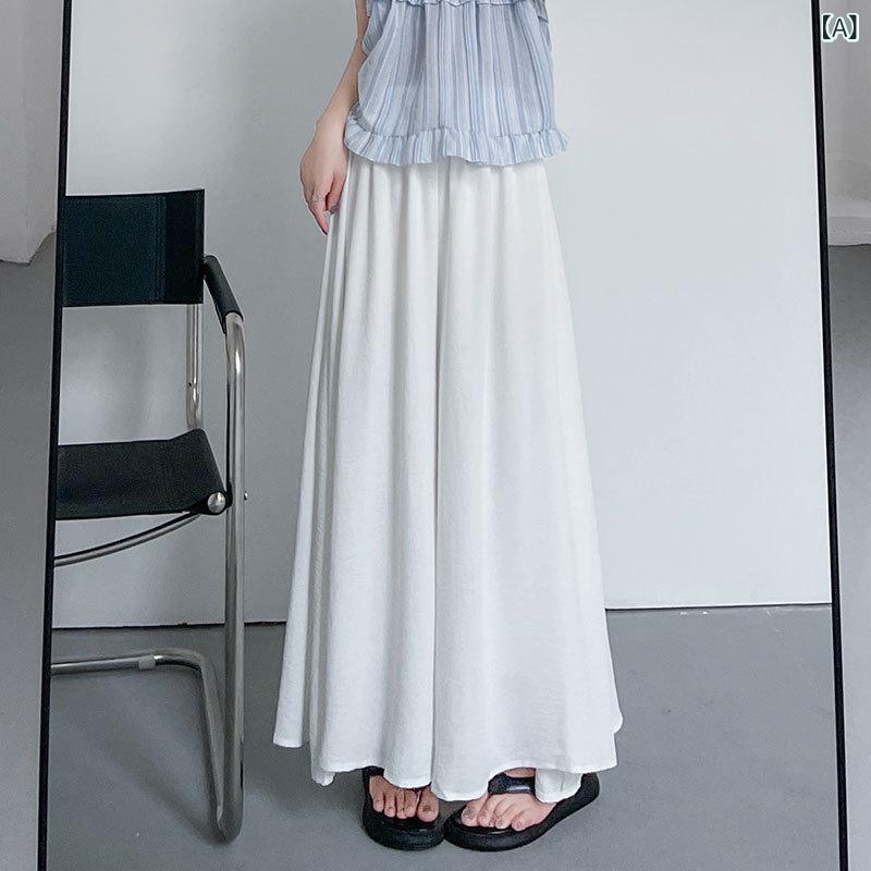 スカートパンツ 女性用 夏 薄手 小柄対応 フレア プリーツ Aライン ミモレ丈スカート 高腰 ドレープ ワイドレッグパンツ 接触冷感 ポリエステル スパンデックス 九分丈 高弾性 清新 甘め 学院風 ラッフルエッジ ホワイト ブラック ピンク 軽量 通