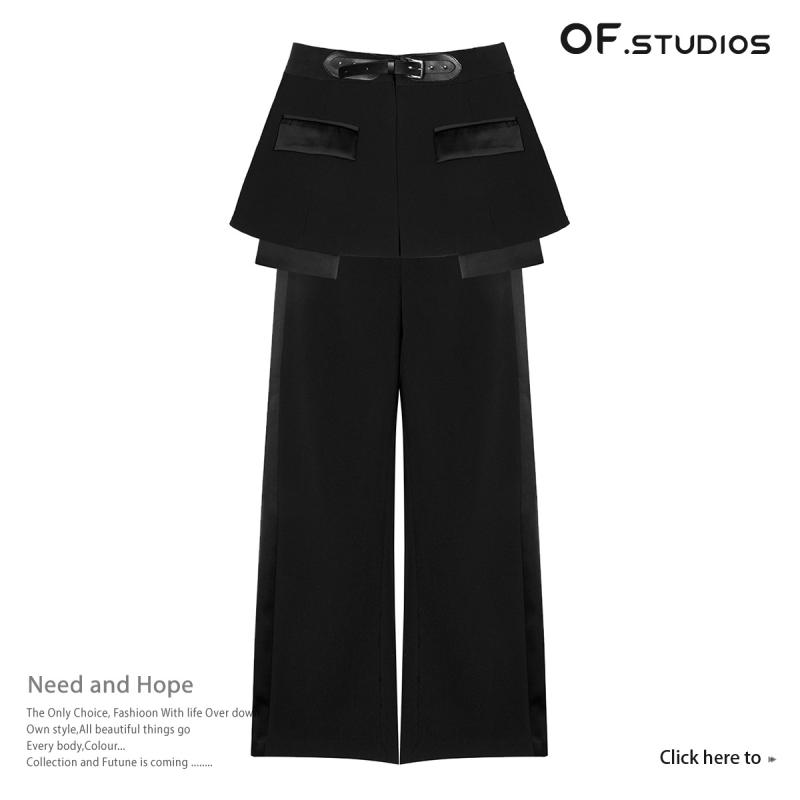 レディース 秋冬 黒 ポリエステル 直筒 ロングパンツ セパレート セット 腰ベルト 短スカート トップス ストリート ファッション 欧米スタイル 個性 ゆったり シルエット 軽量 吸湿速乾 普段使い 通勤 コーディネート カジュアル 女性用 ワイドレッ