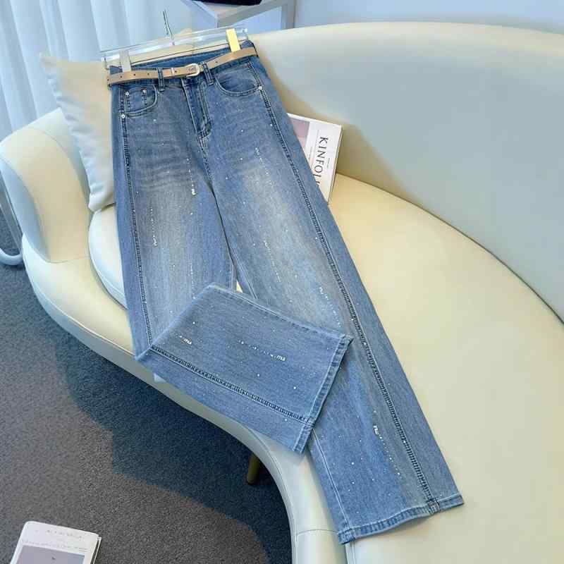 パンツ 女性用 秋冬 デニム ワイドレッグ ハイウエスト コットン 混紡 微弾性 薄手 直筒 シルエット かわいい スタイリッシュ ゆったり 軽量 快適 普段使い ブルー ブルージーンズ ロングパンツ 膝下丈 脚長効果 スリムライン 洗い加工 デイリー