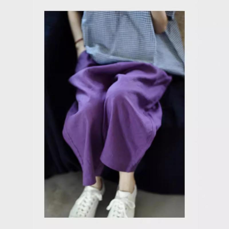 レディース ワイドパンツ 森ガール スタイル 復古 デザイン 麻 素材 ゆったり シルエット ストレート 形状 中腰 九分丈 薄手 ポケット 装飾 紫 色 無弾力 夏 シーズン 普段使い 軽量 通勤 対応 カジュアル トップス コーデ