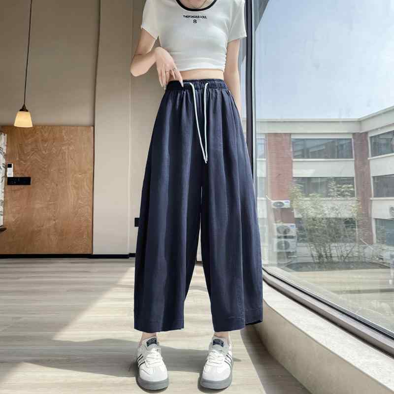 レディース 黄色 麻混紡 九分 クロップドパンツ 夏用 薄手 接触冷感 コットン リラックスフィット ストレートレッグ ワイドレッグ ハーレムパンツ ミックスカラー ストレッチ 軽量 垂れ感 ゆったりシルエット カジュアル 私服 洗い加工