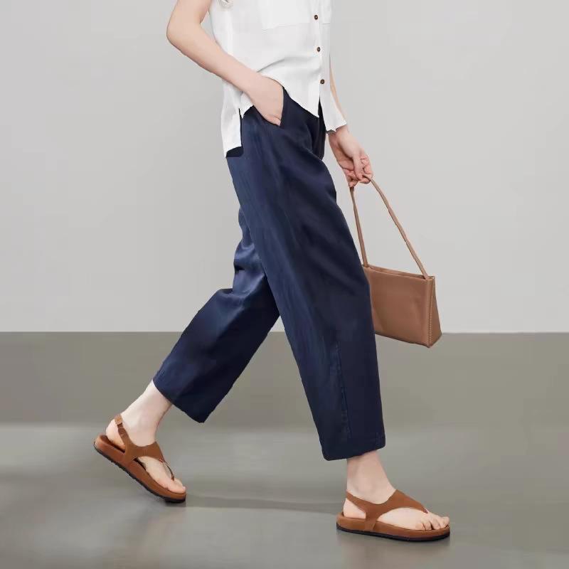 レディース ワイドパンツ 麻 ロングパンツ ゆったり ストレート 九分丈 薄手 切り替え 気質 通勤 英倫風 普段使い カジュアル 軽量 通年 ベーシックスタイル コットン混 アイボリー ネイビー グレー