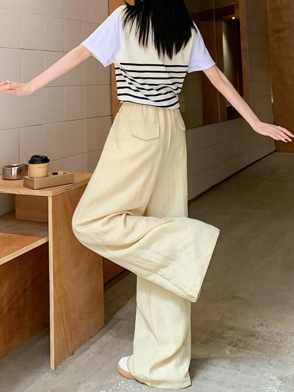 レディース 直筒パンツ 女性用 薄手 ゴムウエスト 高級感 ラフスタイル 高腰 スリム ドレープ 接触冷感 ロング丈 アイス麻 ストレッチ 免・聞加工 日韓カジュアル ブラック イエロー グレー ベージュ 夏 春夏 通勤 普段使い アウトドア 軽量 吸湿速