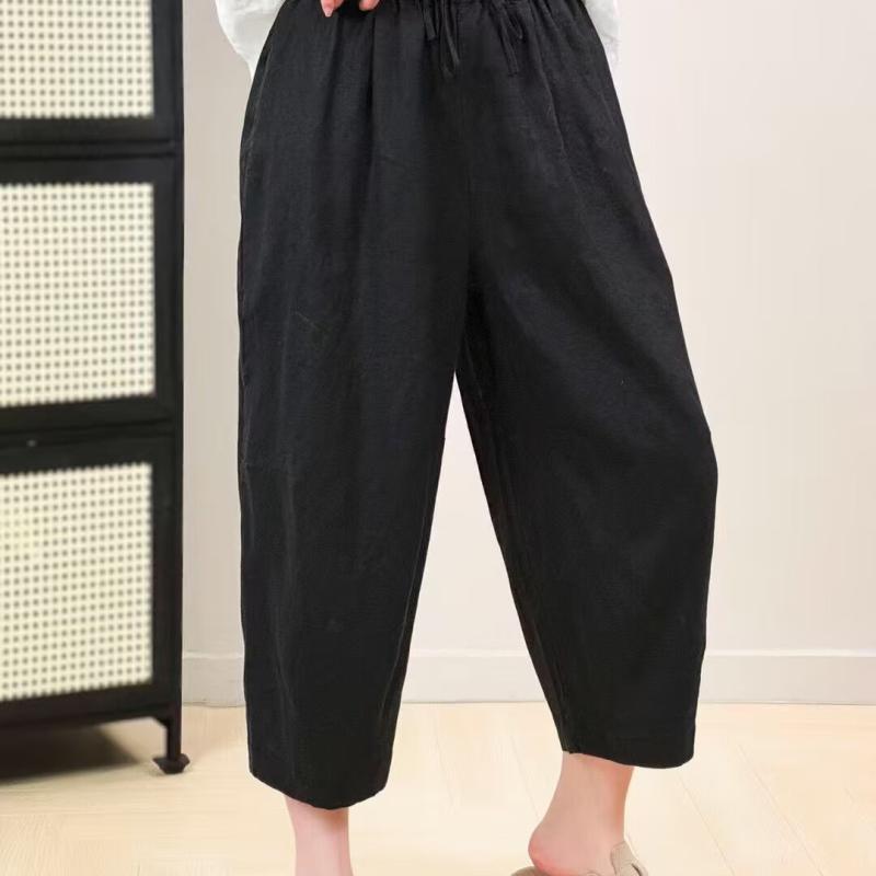 レディース 麻 素材 七分パンツ 夏 春夏 女性用 ハーレムパンツ 直筒 ワイド ハイウエスト 切り替え デザイン ゆったり シルエット 吸湿速乾 中厚 無弾性 通勤 普段使い かわいい スタイル ライト ベージュ グレー ブラック アイボリー カジュア