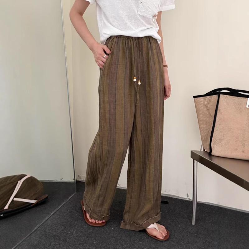 レディース 麻 素材 ストライプ 切り替え ミッドライズ ルーズ ストレート ロングパンツ 夏 ゆったり 通勤 普段使い 吸湿速乾 軽量 再生繊維 ピンク系 グレー系 ベージュ系 カジュアル 復古風 中国風