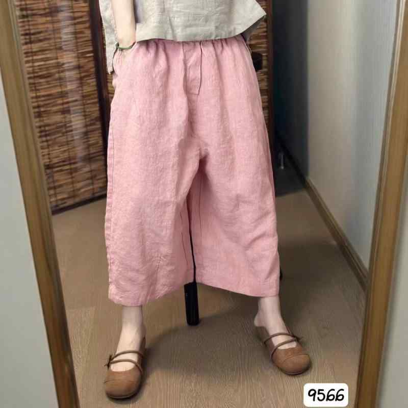 レディース 夏用 韓国風 ゆったり シンプル 麻 素材 松腰 ストレートパンツ 百搭 普段使い カジュアル ナイン分丈 ピンク ベージュ イエロー ブラック ホワイト ネイビー グリーン 薄手 砂洗い加工 ノンストレッチ 日韓スタイル 基本デザイン 軽量｜フォークBR