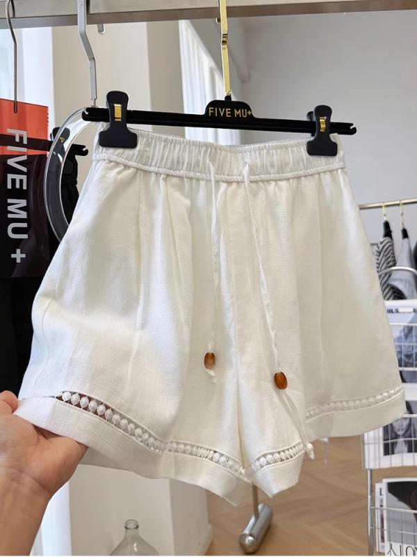 レディース ワイドレッグパンツ ショート 夏用 麻風 レース 花柄 切り替え ハイウエスト 伸縮性 薄手 接触冷感 吸湿速乾 軽量 ホワイト ブラック 日韓風 快適 日常使い 薄型 直筒 カラーブロック 4,390円