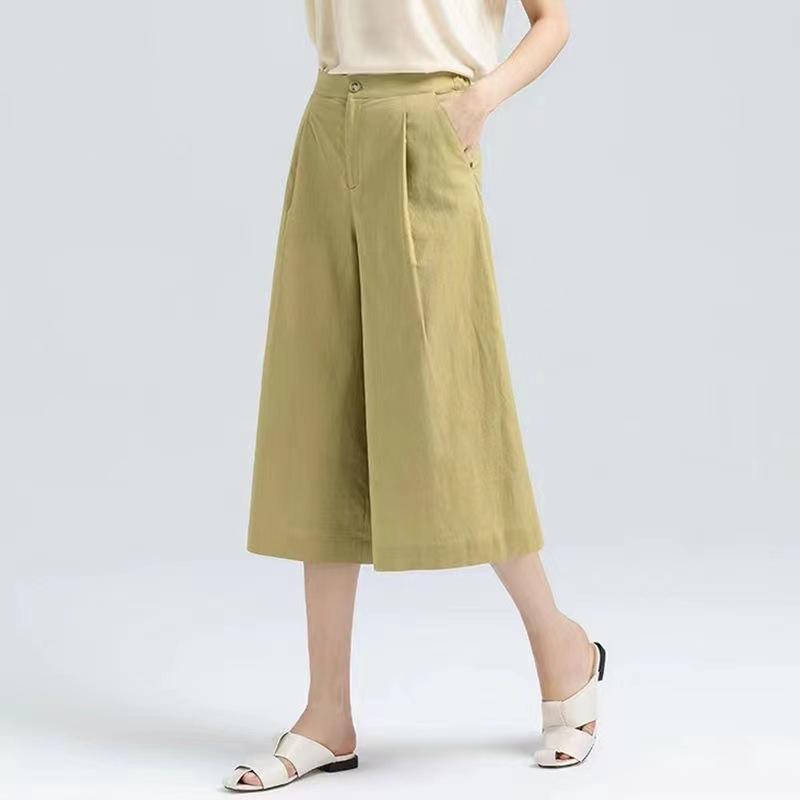 スカートパンツ レディース 七分丈 綿麻素材 高腰 ゆったり ワイドレッグ 垂れ感 薄手 夏用 シワ加工 民族風 かわいい 普段使い 軽量 通勤対応 芥子緑 ジンジャーイエロー ネイビー カジュアルスタイル 女性用 ゆったりシルエット 涼しい 復古調